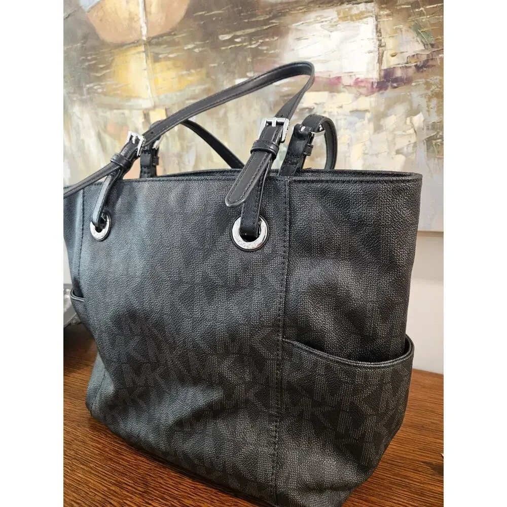 Michael Kors Jet Set Signature Logo Tote Bag Black Monogram Silver Hardware